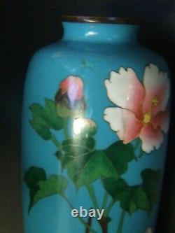 Original Antique Japanese Cloisonne Small Vase Blue Floral Design Vintage