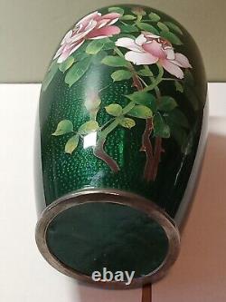 Owari Japanese Enamel Cloisonne Yusen Shippo 7 GREEN Vase Roses Bird Bamboo