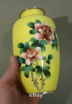 PAIR (2) Japanese Yellow Asian Cloisonne Enamel Floral ROSES 7.25 (18 cm) Vases
