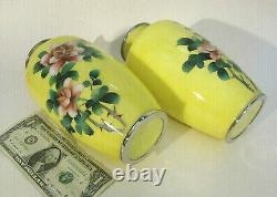 PAIR (2) Japanese Yellow Asian Cloisonne Enamel Floral ROSES 7.25 (18 cm) Vases