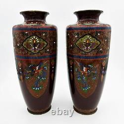 PAIR ANDO JAPANESE MEIJI PERIOD CLOISONNE VASES DRAGON & PHOENIX c1890 9 ½