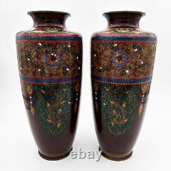 PAIR ANDO JAPANESE MEIJI PERIOD CLOISONNE VASES DRAGON & PHOENIX c1890 9 ½