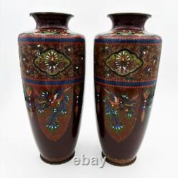 PAIR ANDO JAPANESE MEIJI PERIOD CLOISONNE VASES DRAGON & PHOENIX c1890 9 ½