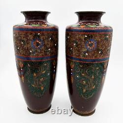 PAIR ANDO JAPANESE MEIJI PERIOD CLOISONNE VASES DRAGON & PHOENIX c1890 9 ½