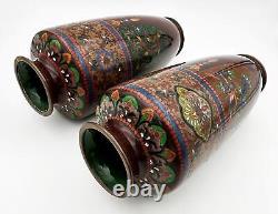 PAIR ANDO JAPANESE MEIJI PERIOD CLOISONNE VASES DRAGON & PHOENIX c1890 9 ½