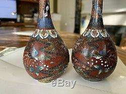 PAIR Antique Japanese Cloisonne Bud Vases. 6 tall, 2 bulbous bottom
