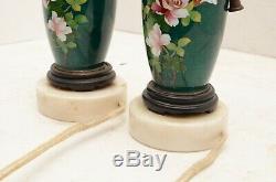 PAIR Vintage japanese VASE LAMPS CLOISONNE Floral enamel Stone base antique set