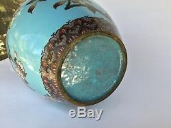 PAIR of 18 Japanese Cloisonné Vases Tiffany Blue With Birds, Cherry Blossoms