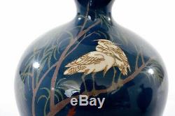 Pair 1900's Japanese Cloisonne Enamel Shippo Vase Crane Egret Bird Willow Tree