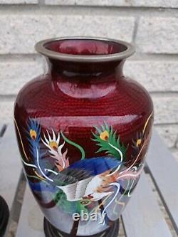 Pair 2 Ginbari Basse Taille Phoenix Cloisonne Vases 7.25 Silver Fine Cond