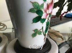 Pair(2) Japanese Cloisonné Mirror Image Vases Lamps Pink Roses Marble Bases Exc