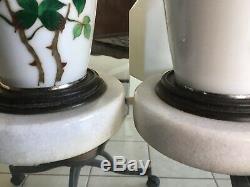Pair(2) Japanese Cloisonné Mirror Image Vases Lamps Pink Roses Marble Bases Exc