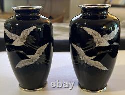 Pair 2 Vintage Sato Marked Japanese Cloisonné Black with White Crane Vases 4.75