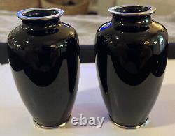 Pair 2 Vintage Sato Marked Japanese Cloisonné Black with White Crane Vases 4.75