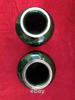 Pair (2) of Vintage Japanese Cloisonné Green Vases with Flowers
