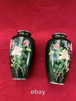 Pair (2) of Vintage Japanese Cloisonné Green Vases with Flowers