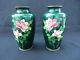 Pair (2) Of Vintage Japanese Cloisonne Green Vases With Flowers Signed