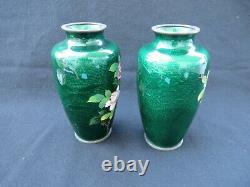 Pair (2) of Vintage Japanese Cloisonne Green Vases with Flowers signed