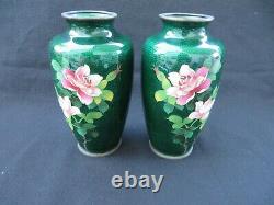 Pair (2) of Vintage Japanese Cloisonne Green Vases with Flowers signed