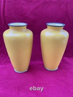 Pair (2) of Vintage Japanese Cloisonne Yellow Vases with Flowers 7.25 tall