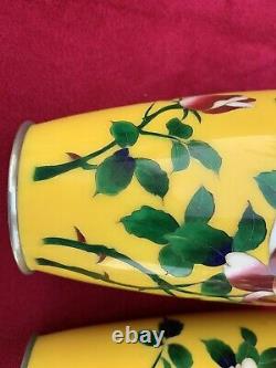 Pair (2) of Vintage Japanese Cloisonne Yellow Vases with Flowers 7.25 tall