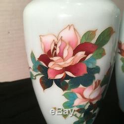Pair 7.5t Japanese Cloisonné (Owari Shippo) Vases Lt Blue Background Roses