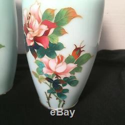 Pair 7.5t Japanese Cloisonné (Owari Shippo) Vases Lt Blue Background Roses
