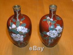 Pair Antique Japanese Early Meiji Period Silver Wire Miniature Cloisonne Vases