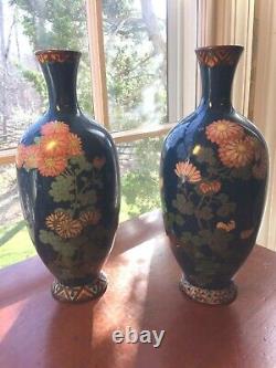Pair Antique Japanese Meiji Cloisonné Tall Blue Vases with bird 9 3/4