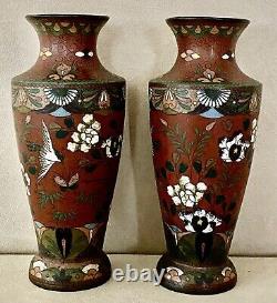 Pair Antique Japanese Meiji Cloisonne Vases Birds Butterflies Flowers