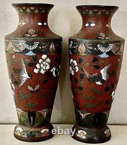 Pair Antique Japanese Meiji Cloisonne Vases Birds Butterflies Flowers