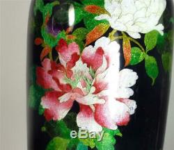 Pair Antique Japanese Meiji Cloisonne Vases Ginbari Flowers Cobalt Blue