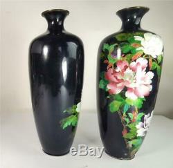 Pair Antique Japanese Meiji Cloisonne Vases Ginbari Flowers Cobalt Blue