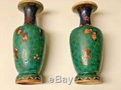 Pair Antique Japanese Meiji Period Shippo Totai Vases, Cloisonné on Porcelain