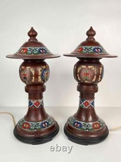 Pair Antique Japanese Meiji Toro Bronze Cloisonne Temple Altar Lanterns Lamps