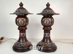 Pair Antique Japanese Meiji Toro Bronze Cloisonne Temple Altar Lanterns Lamps