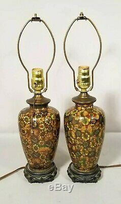 Pair Antique Silver Wire Japanese Cloisonné Table Lamps Vases On Wood Plateau