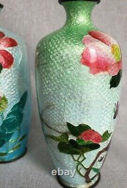 Pair Antique c1900 Japanese Ginbari Cloisonne Foil Enamelled Floral Vases 15 cm