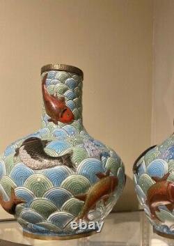 Pair Early 20th C. Japanese Koi & Water Cloisonné Vases/Lamps