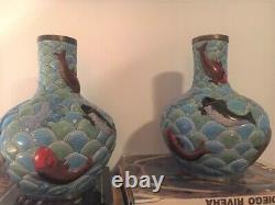 Pair Early 20th C. Japanese Koi & Water Cloisonné Vases/Lamps
