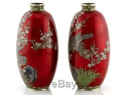 Pair Japanese Cloisonné Hawk Vases Hayakawa Komejiro