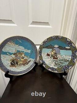 Pair Japanese Cloisonne Plaques Samurai