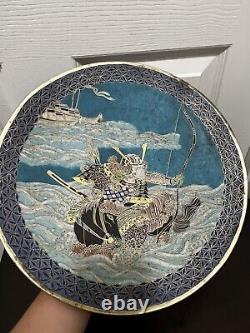 Pair Japanese Cloisonne Plaques Samurai