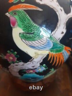 Pair Japanese Cloisonne Porcelain Vase Tree Bark Birds Flowers 9 x 7