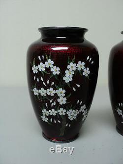 Pair Japanese Ginbari Cloisonne Akasuke Pigeon Blood Vases, Nickle Silver Rims