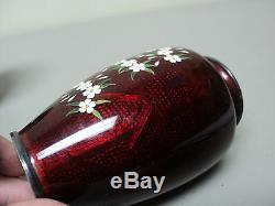 Pair Japanese Ginbari Cloisonne Akasuke Pigeon Blood Vases, Nickle Silver Rims