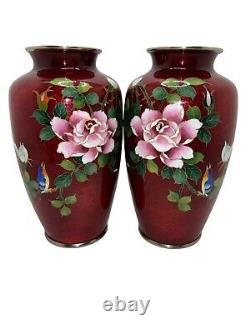 Pair Japanese Ginbari Cloisonne Pigeon Blood Vases, Silver Rims, Showa Era