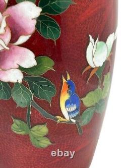 Pair Japanese Ginbari Cloisonne Pigeon Blood Vases, Silver Rims, Showa Era