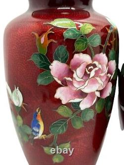 Pair Japanese Ginbari Cloisonne Pigeon Blood Vases, Silver Rims, Showa Era