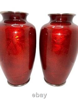 Pair Japanese Ginbari Cloisonne Pigeon Blood Vases, Silver Rims, Showa Era